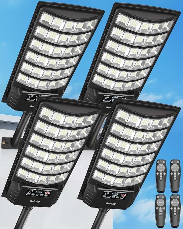 Gefolly Solar Straßenlaterne mit Fernbedienung, IP67 Wasserdichte Solarlampen für Außen mit Bewegungssensor, 6500K Solarleuchten Superhelles LED Solar Strahler Außen für Gärten Garage Straßen-4Pack