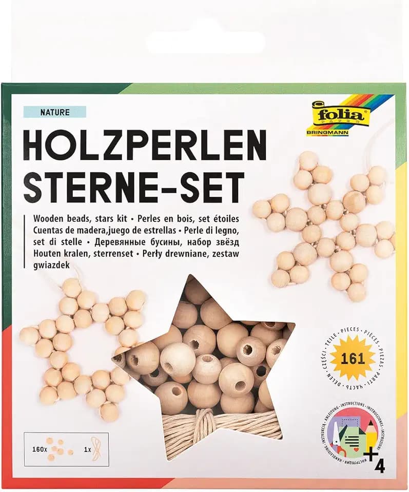 folia 22520 - Holz-Perlen Sterne Set "Nature", Bastelset mit 160 Holzkugeln und einer naturfarbenen Schnur zum Auffädeln, zum Basteln von Sternen und Anhängern, Mehrfarbig