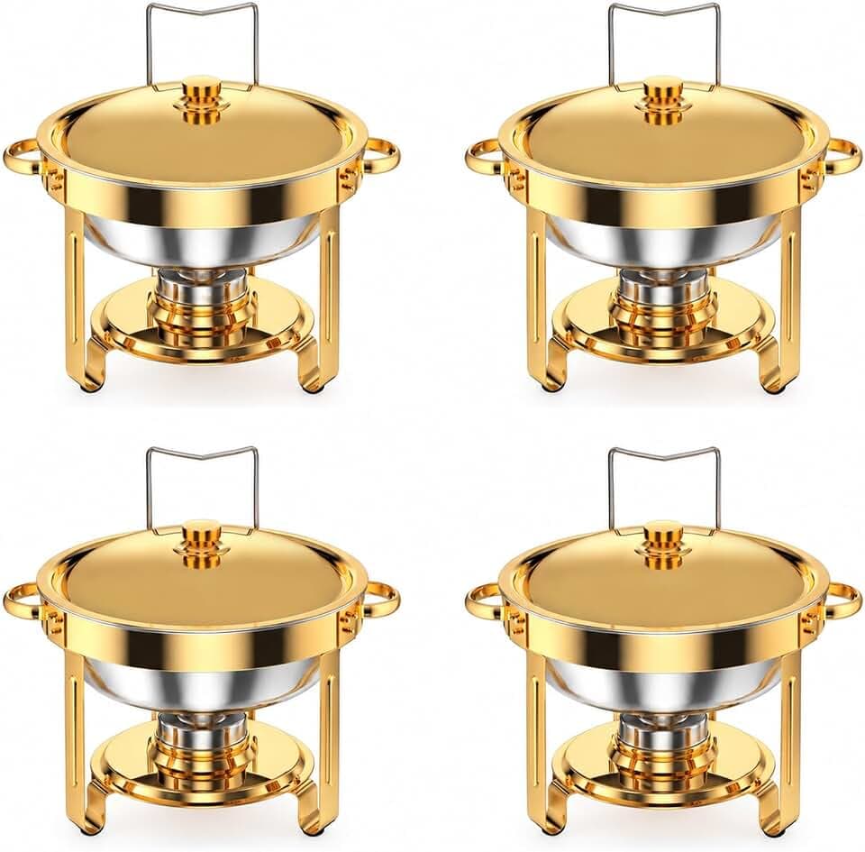 Rundes Chafing Dish Buffet Set 5L, 4pcs Edelstahl Warmhaltebehälter mit Gold-Silber Optik für Catering, Party und Hochzeiten, Gold/Silber