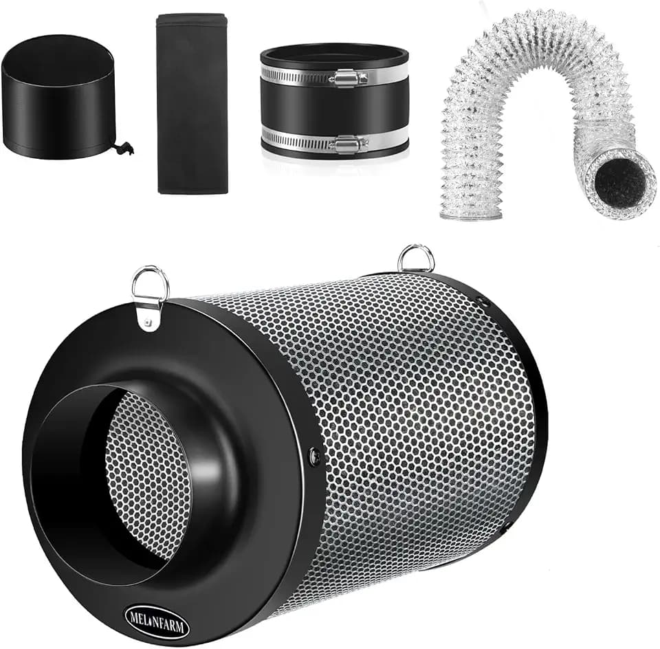 4 Inch Air Carbon Filter Smelliness Control with Australia Virgin Charcoal, Odor Removal for Grow Tent, Inline Fan, 8' Ducting, Cooling & Vent Cover Included, Insulated Flange 4" x 11"