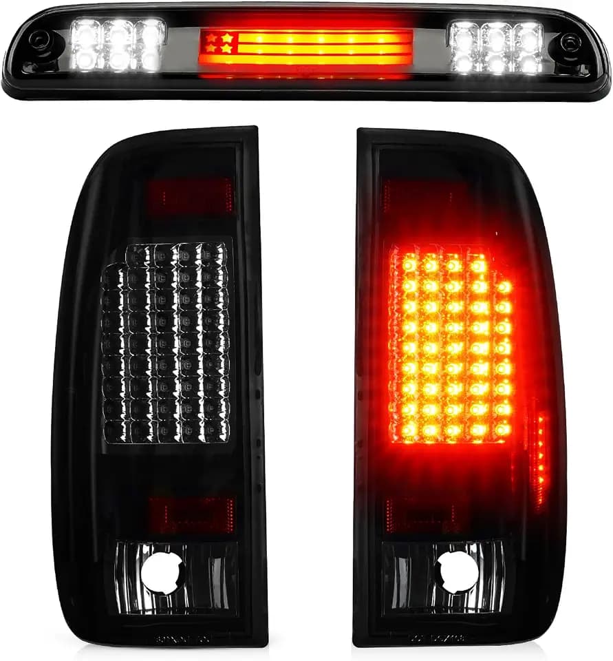 LED Tail Light Assembly + 3rd Brake Light Fit for F250 F350 F450 F550 Super Duty 1999-2007 (Only Fits Styleside/Fleetside Models, DO NOT Fit Flareside/Stepside Models) 3 Pcs, Smoke Lens