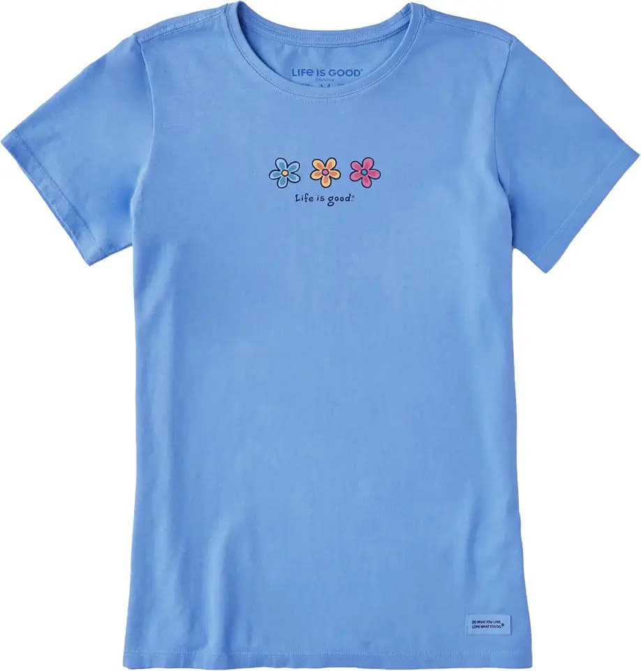 Life is Good. Women's Three Daisies Short Sleeve Crusher Tee, Glacier Blue