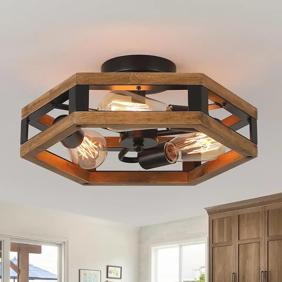 3-Light Rustic Farmhouse Wood Flush Mount Ceiling Light Fixture 14.5 inch Oak Wood and Metal Hexagon Cage Semi Flush Mount Ceiling Light for Hallway Hall Entry Bedroom Kitchen Farmhouse, Black