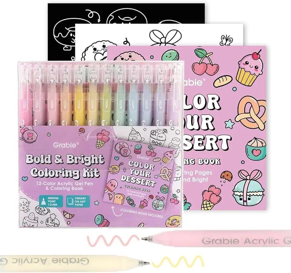 Grabie Acrylic Gel Pens Coloring Kit with Book, Pack of 12 Dessert Colors