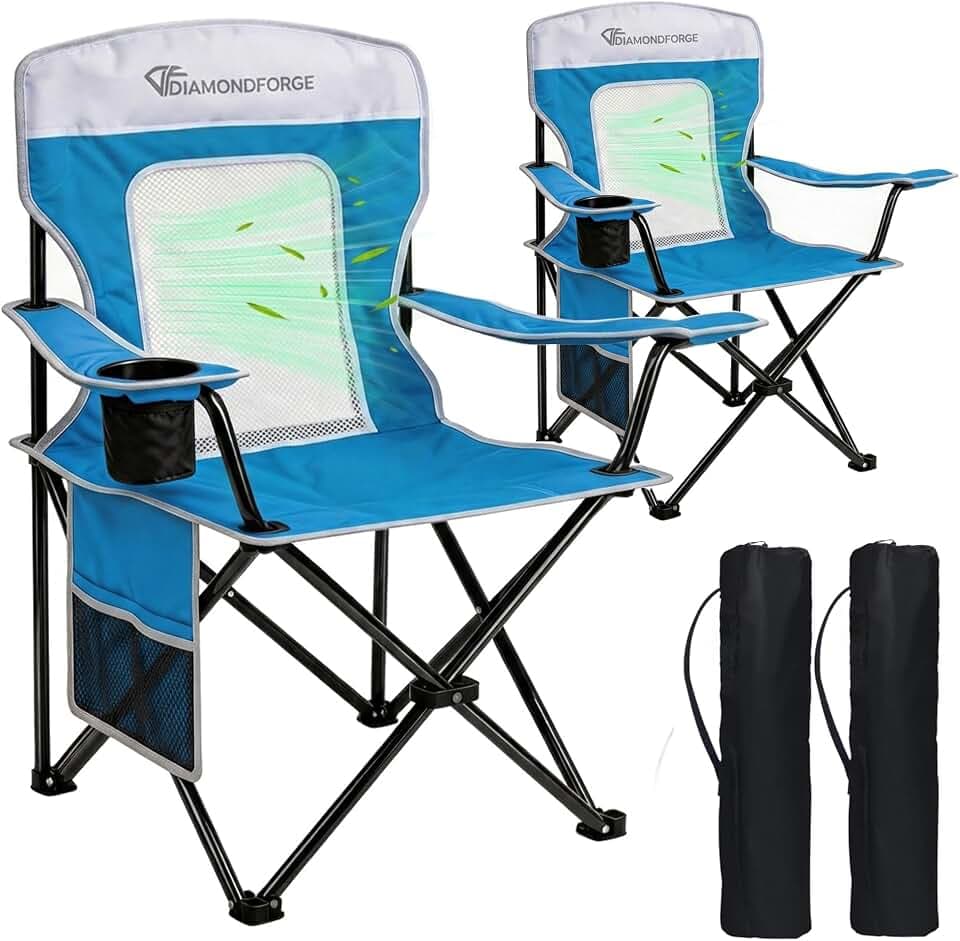 Camping Chairs, 300 LBS Breathable Mesh Lawn Chairs 2 Packs, Blue White
