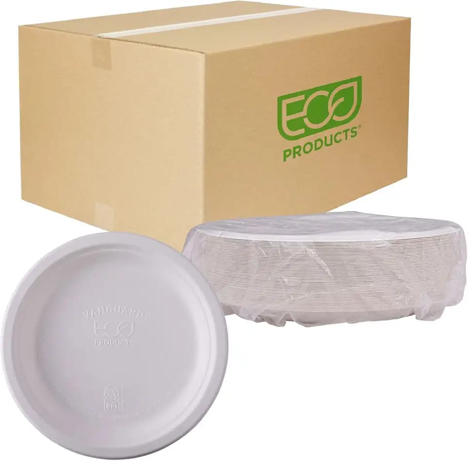 ECO PRODUCTS Compostable Vanguard 9" Paper Plates, Case of 500, Disposable White Molded Fiber, Round, Tree-Free, Stronger Than Paper & Styrofoam, No-Added PFAS, ASTM Compliant, BPI-Certified