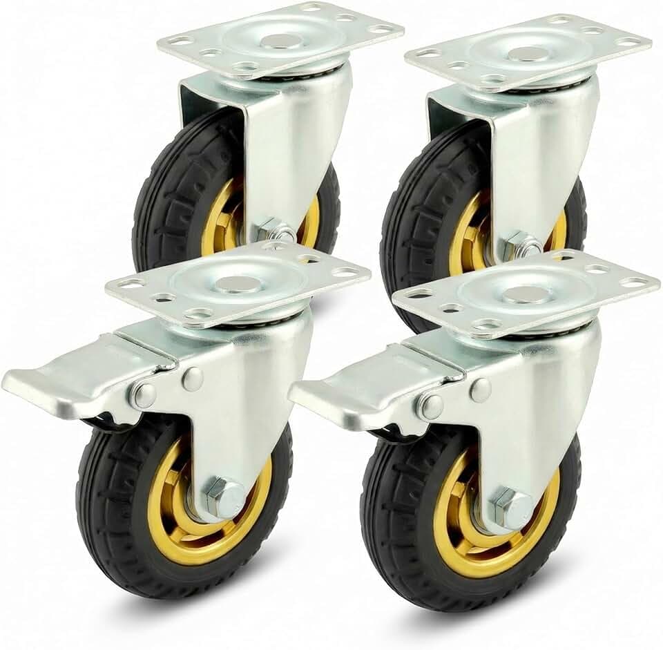 QWORK® 4 Stück 100 mm Schwerlastrollen, bis 70 kg pro Rolle, stoßdämpfende Lenkrollen für Möbeltransport und Industrieeinsatz, 2 Lenkrollen + 2 Rollen mit Bremse