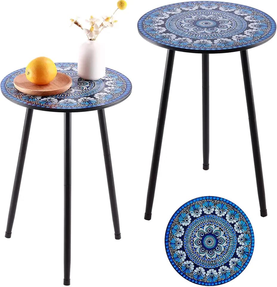 2-Pack Small Mosaic Metal Side Tables Outdoor Patio Round Accent Table Modern Indoor End Corner Table for Small Space, Living Room, Bedroom, Balcony, Garden Outside Plant Stand Indoor, Blue
