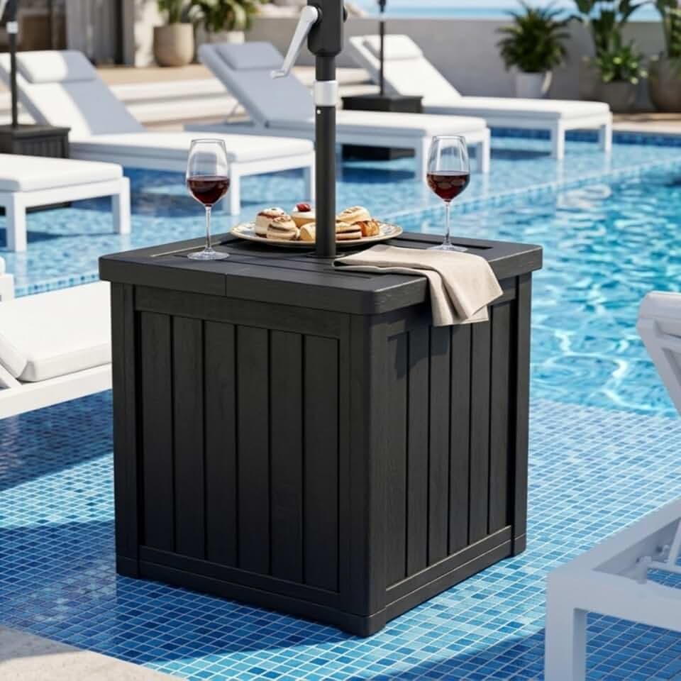 Patio Umbrella Base with 1.5" Hole, Planter Box & Outdoor Side Table, 3-in-1 HDPE Umbrella Table, Black