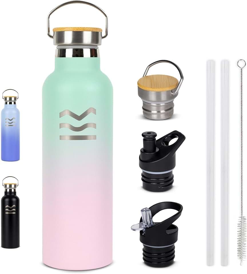 HUIIKE Thermo Trinkflasche Edelstahl 750ml mit Strohhalm und 3 Verschlüssen