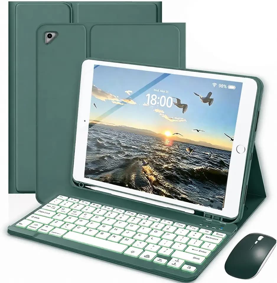 Keyboard Case for iPad 9.7 Inch 6th / 5th Generation 2018/2017 & Pro 9.7 Inch 2016, Mouse and 7 Colors Backlit Detachable Keyboard, Adjustable Stand Built in Pencil Holder, Dark Green