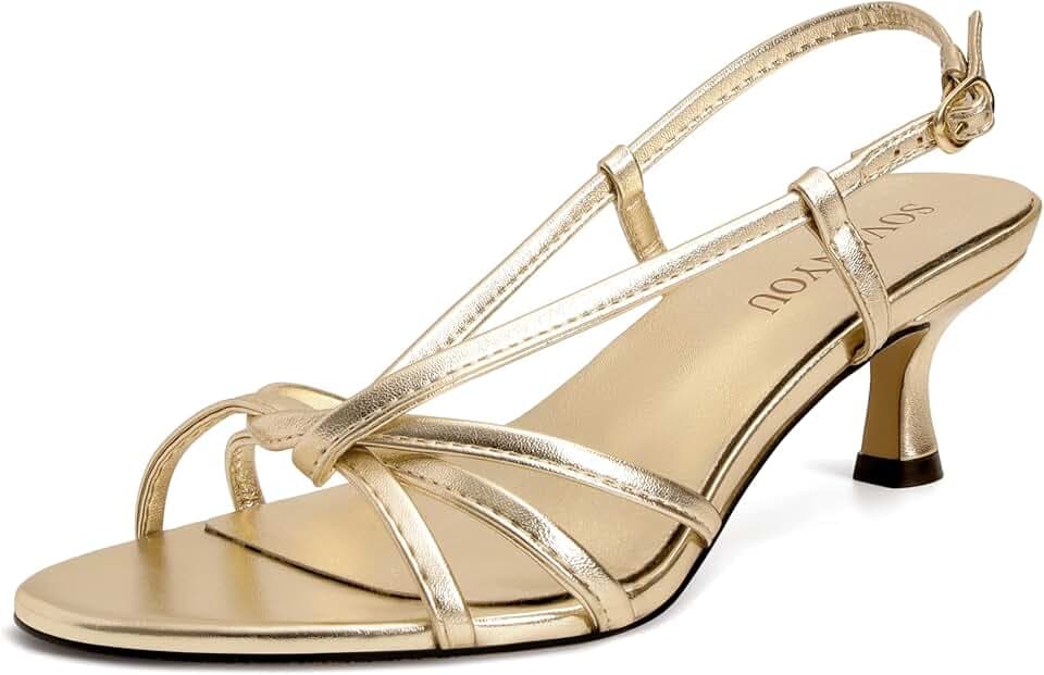 Strappy Kitten Heel Sandals for Women Slingback Round Toe Heeled Sandals