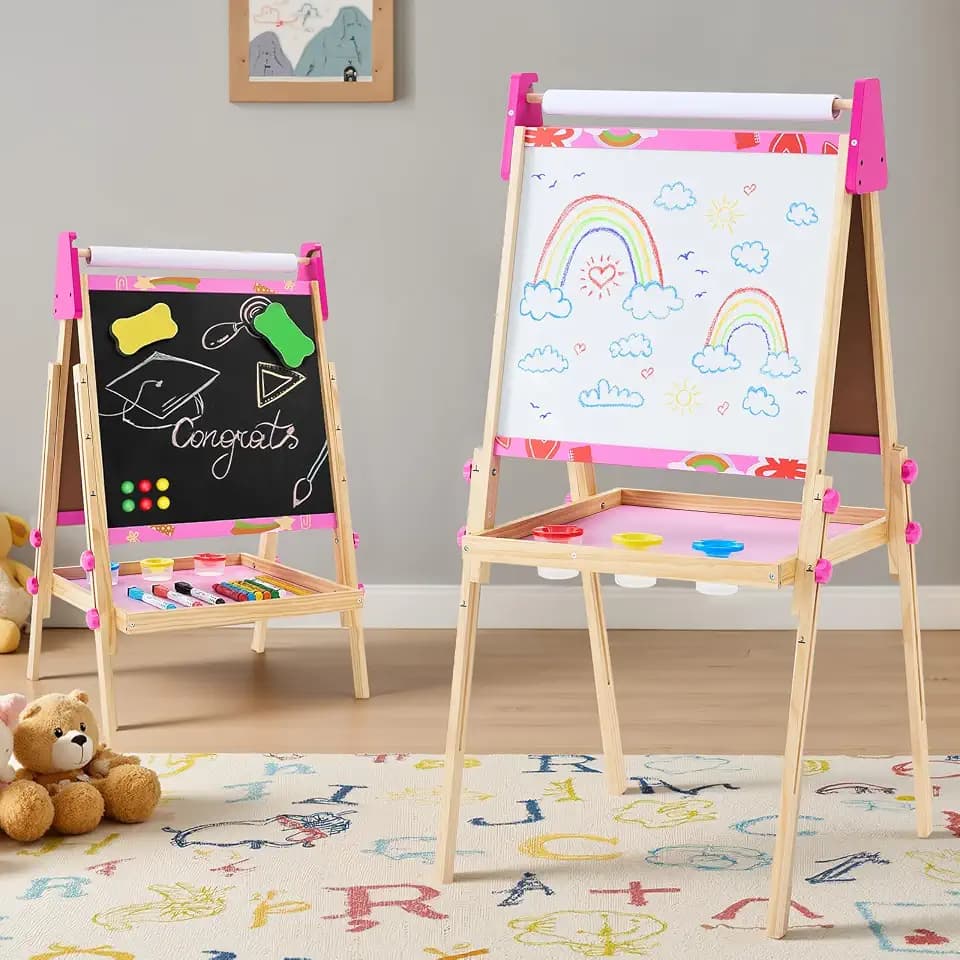 DUMOS Kids Art Easel, Chalkboard & Whiteboard, Paper Roll, Ages 3+, Pink