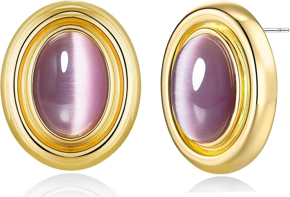 SNGIA 18K gold plated Medium Oval Button Chunky Statement Earrings for Women by SNGIA, (Turquoise, Carnelian, Aventurine, Amethyst, Malachite, Cat Eye, White, Cream) Bold Handmade Colored (Red, Blue, Green, White, Cream, Purple) Exaggerated Dome Retro Rounded Button Trendy Bohemian Gemstone Stud Jewelry Gifts, Unique Vintage Baroque Stone Summer Beach Fashion Earrings Accessories, Round Thick Circular Nickle Free Huggies Earrings.