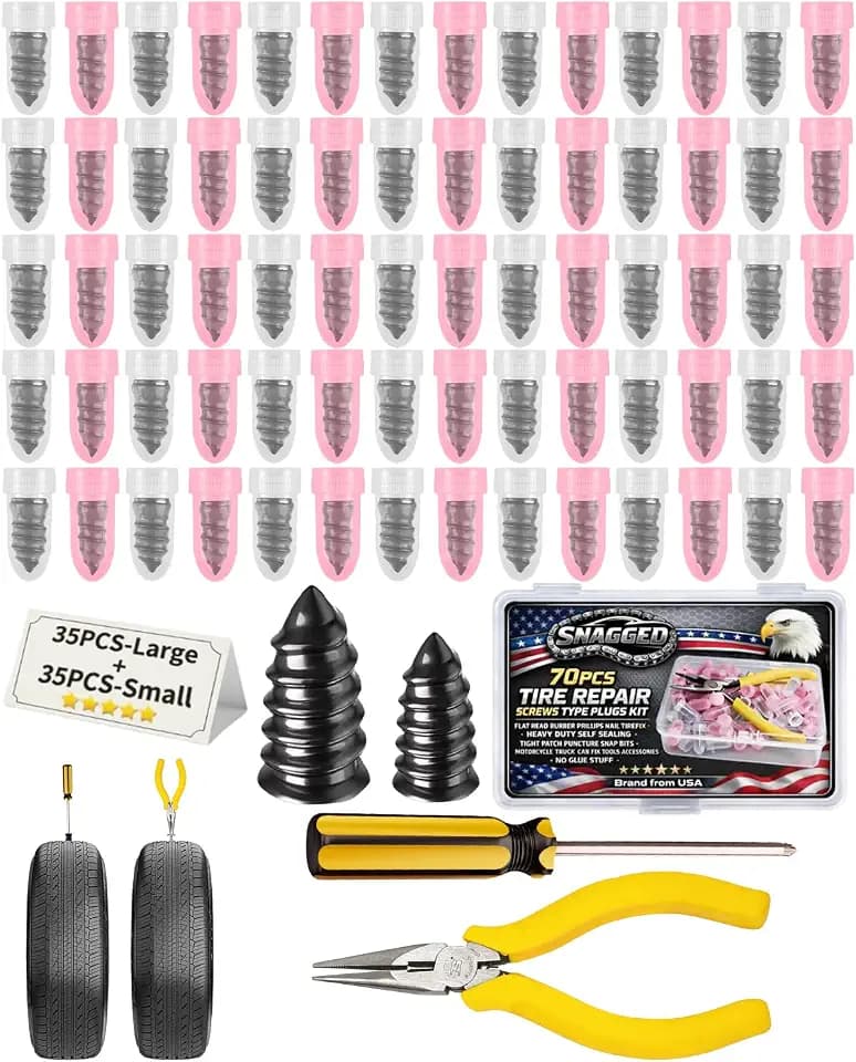 70 PCS Tire Plug Kit Screw in Plugs Flat Screws Repair Type Tires Patch Kits Quick Car Fix Tools Heavy Duty Sealing Rubber Nail No Sealant Glue Bike Motorcycle Bicycle Wheel Fill Punctures