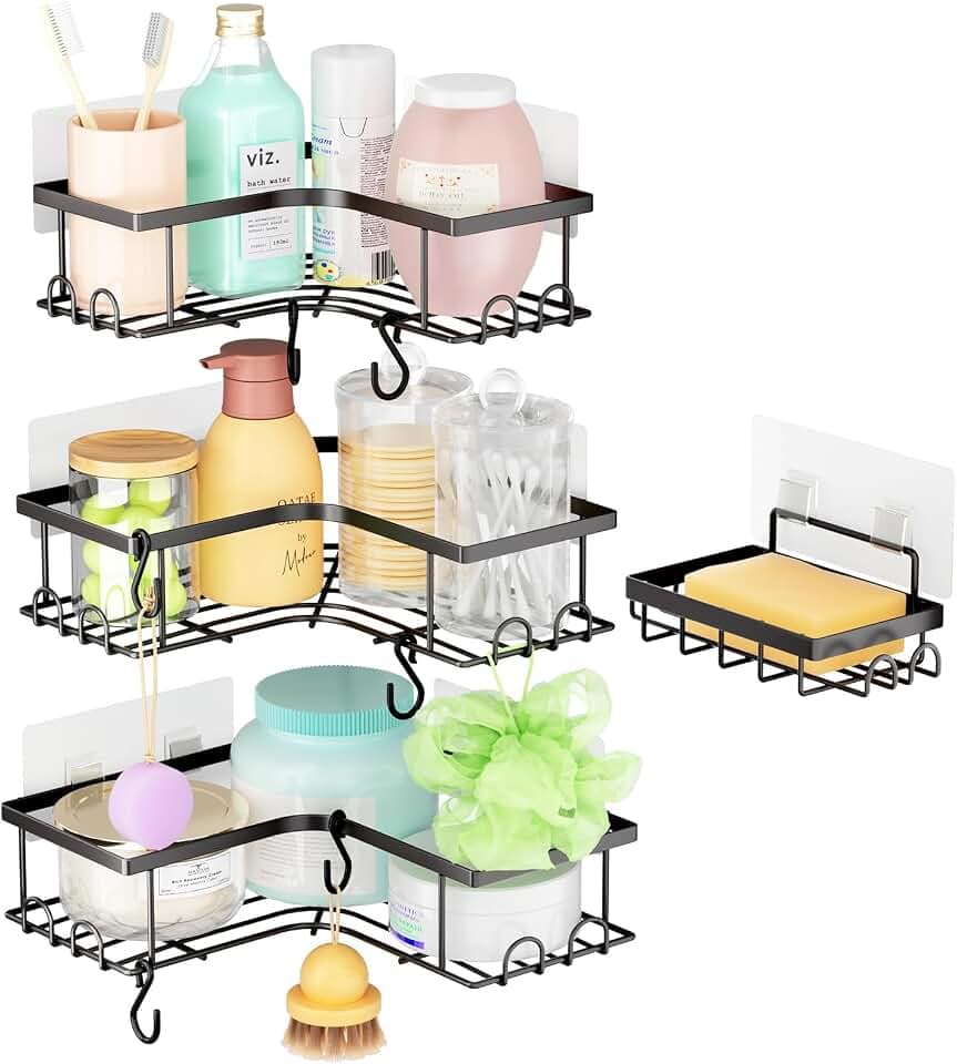 Duschablage Ohne Bohren, 2 Stück Badezimmer Organizer, Rostfreie Duschregal, Duschregal mit 4 abnehmbaren Haken, Metall Shampoo Halterung Für Dusche, Schwarz (Schwarz 4er-Set, 1)