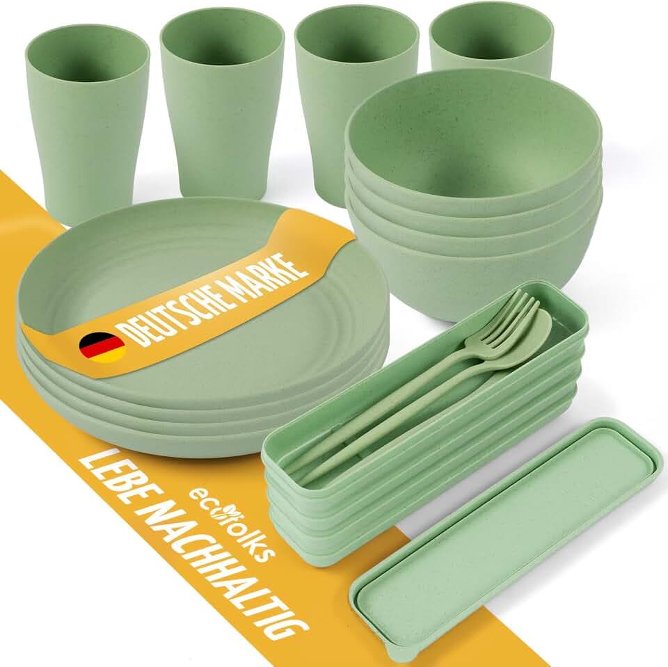 Umweltfreundliches Camping-Geschirrset – 100% Recyceltes Material | Mehrweg, Bunt, Für Wohnmobil, Picknick, Outdoor & Kinder