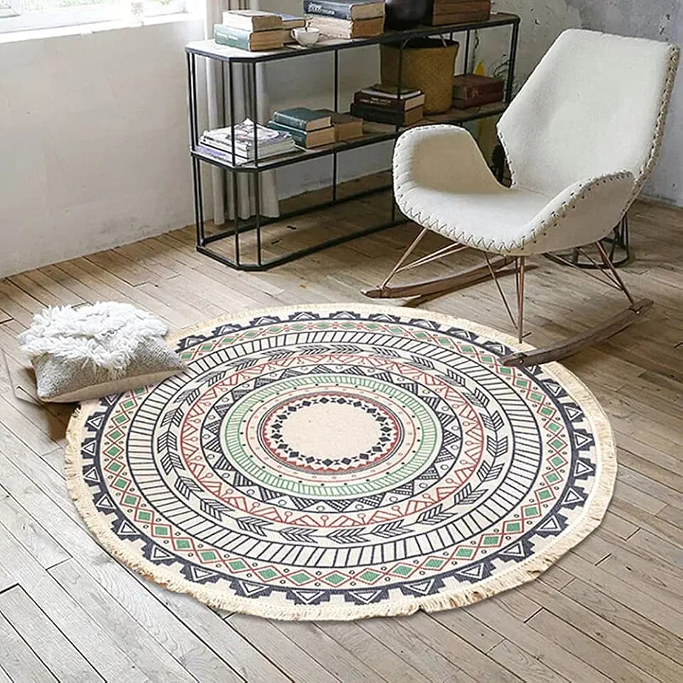 LIULA Round Cotton Rug Woven Tassel Throw Rug Washable Area Rug for Living Room Bedroom Kitchen Bathroom-3FT-Boho