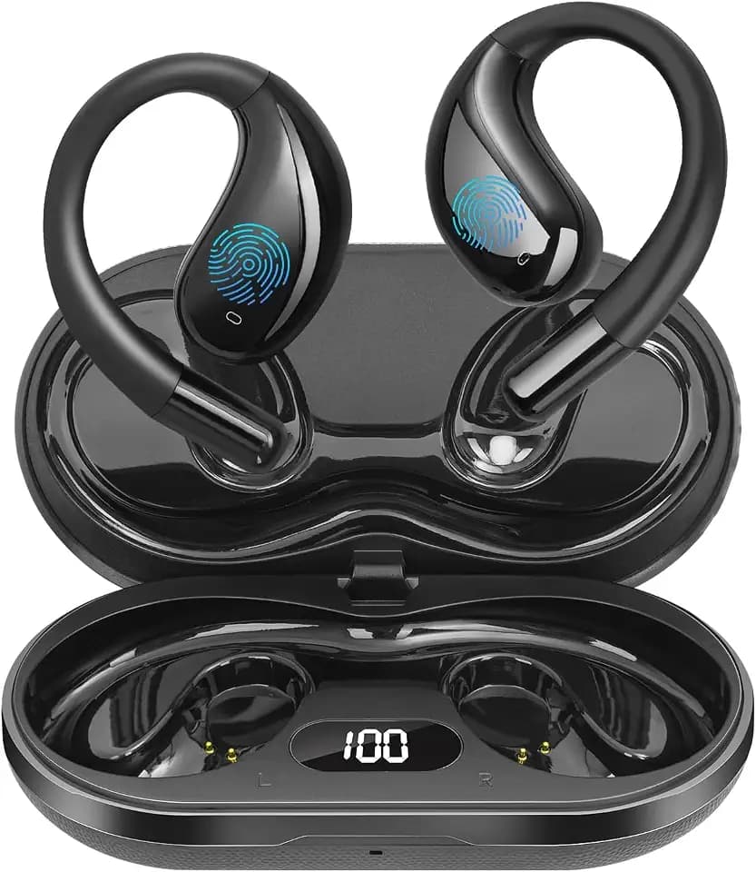 Open Ear Clip Wireless Earbuds Bone Conduction Headphones, Bluetooth 5.4, Open Ear Design for Running Fitness,Office，Built-in Mic, IPX7 Waterproof, LED Display Charging Case,Ear Hooks Black