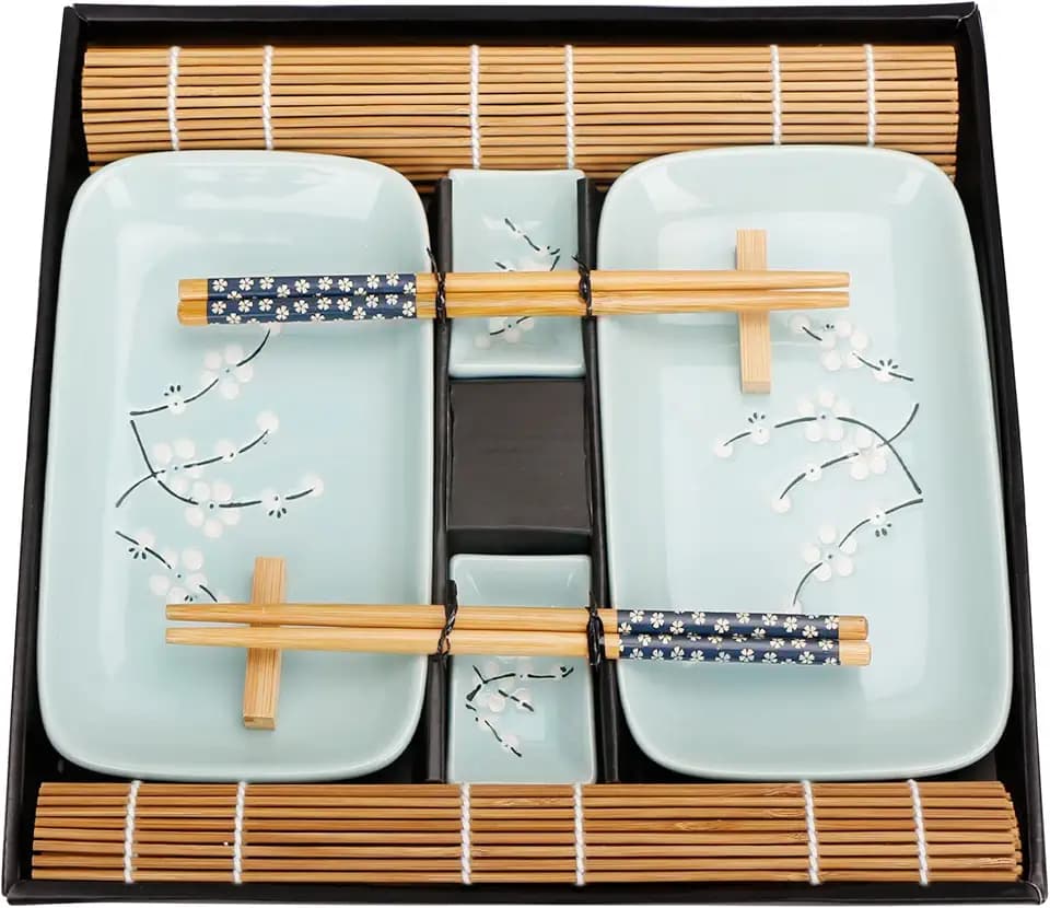 Exzact Sushi 10 tlg Porzellan Teller Dipschalen Bambus Matten Essstäbchen
