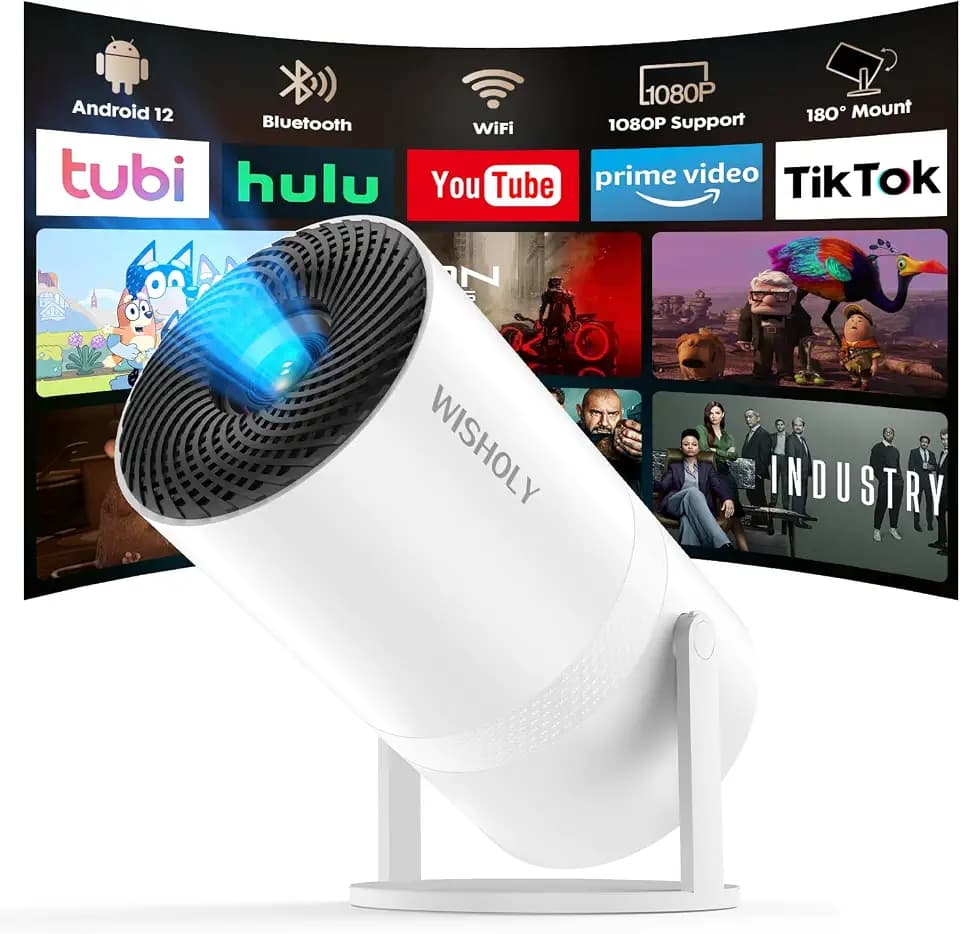 【 Built-in Apps & Android 12】WISHOLY Mini Projector with WiFi and Bluetooth, Portable Smart Projector with Auto Keystone Correction, 1080P Support, 180° Rotatable, HDMI USB Compatible