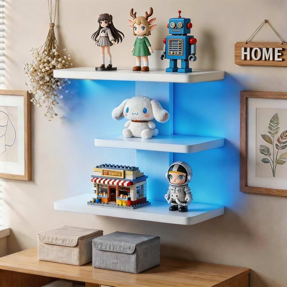 3-stöckiges Wandregal mit RGB-Lichtern, LED-Vitrine für Sammlerstücke, Puppen, Bausteine, Parfums, kleine Pflanzen, Weiß