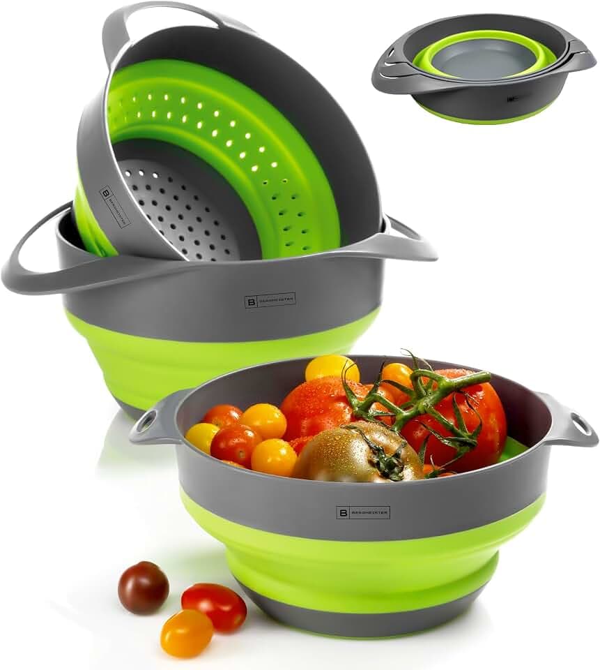 Faltbares Schüssel Set 3in1 mit Sieb 1,7L / 2,8L Multifunktional Spülmaschinenfest Platzwunder für jedes Zuhause sowie Outdoor Camping Küche
