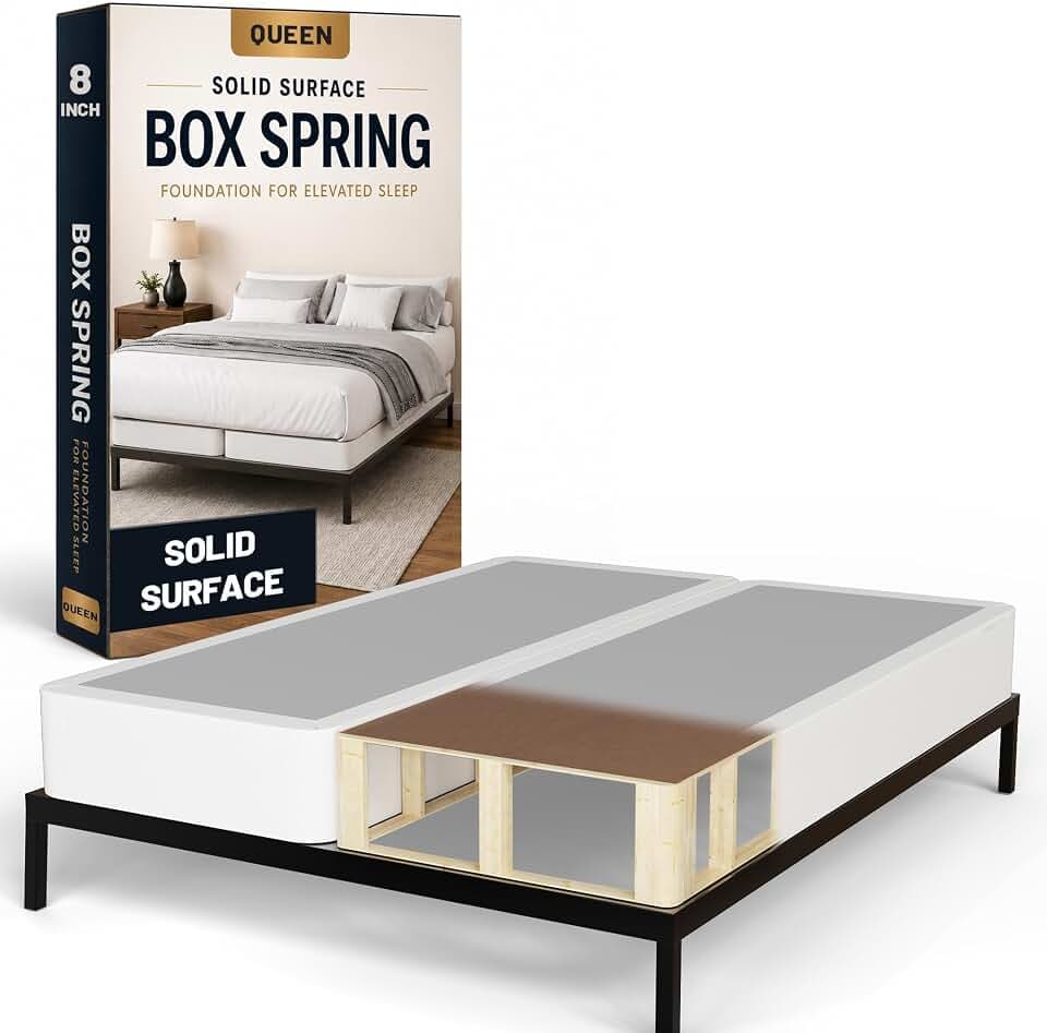 Greaton, Solid Surface Box Spring Bed Base Queen Size, 8-Inch Wood Amish Made in USA – Quiet Noise Free, 2-Pieces Under Mattress-Support BoxSpring, Fully Assembled, White