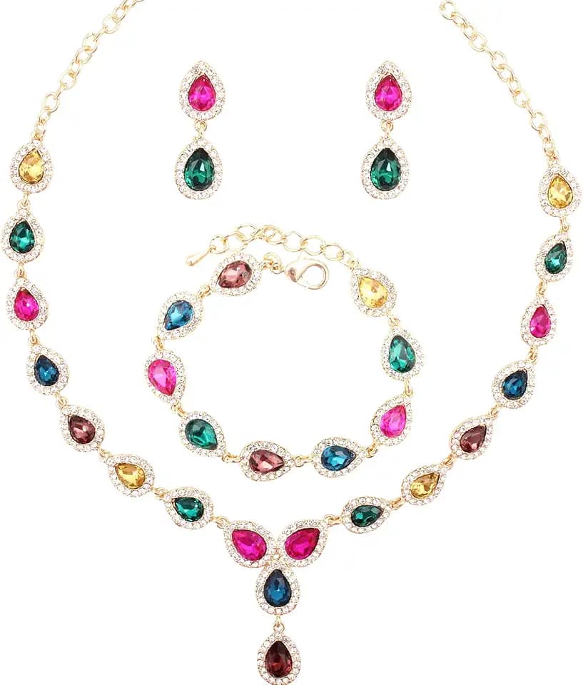 Austrian Crystal Rhinestone Necklace Dangle Earrings Link Bracelet Jewelry Set for Brides Bridesmaid Prom Costume Accessories for Women