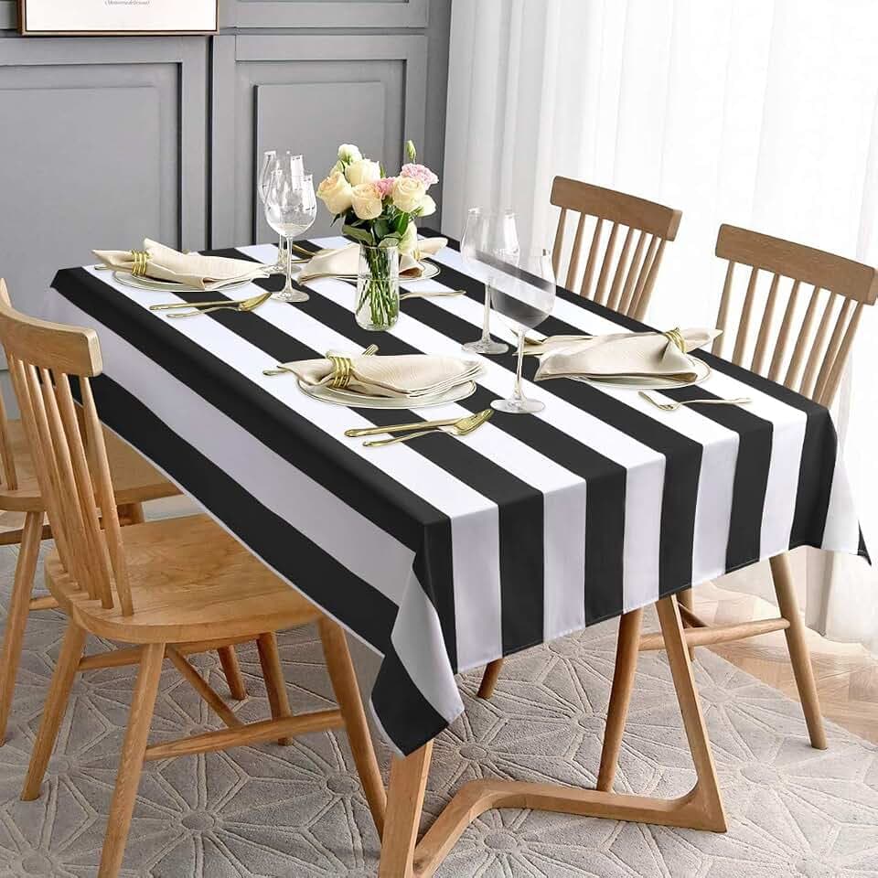 ASPMIZ Schwarz-weiß gestreifte Tischdecke für rechteckige Tische, geometrische Streifen, wasserdichte Tischdecke für Küche, Esszimmer, Polyester-Tischdecke, rechteckig, 152,4 x 304,8 cm
