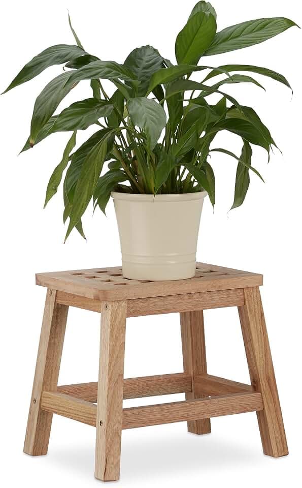 Relaxdays Tritthocker Holz, Fußbank aus Naturholz, niedriger Blumenhocker für Töpfe, HBT: 25,5 x 29,5 x 22 cm, natur