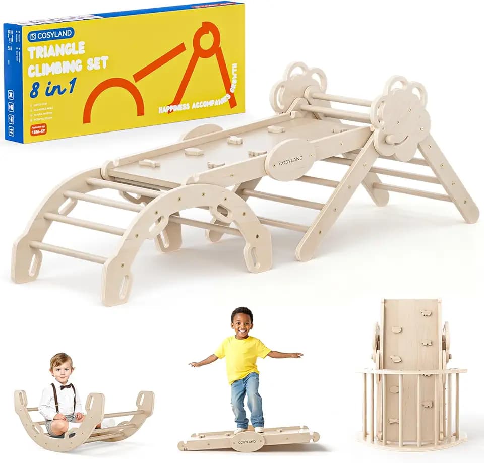COSYLAND Klettergerüst Indoor L – Großes Kletterdreieck Set mit Kletterbogen & Rutsche – 8-in-1 Massivholz-Spielplatz für Kinder ab 18 Monaten – Hellholz