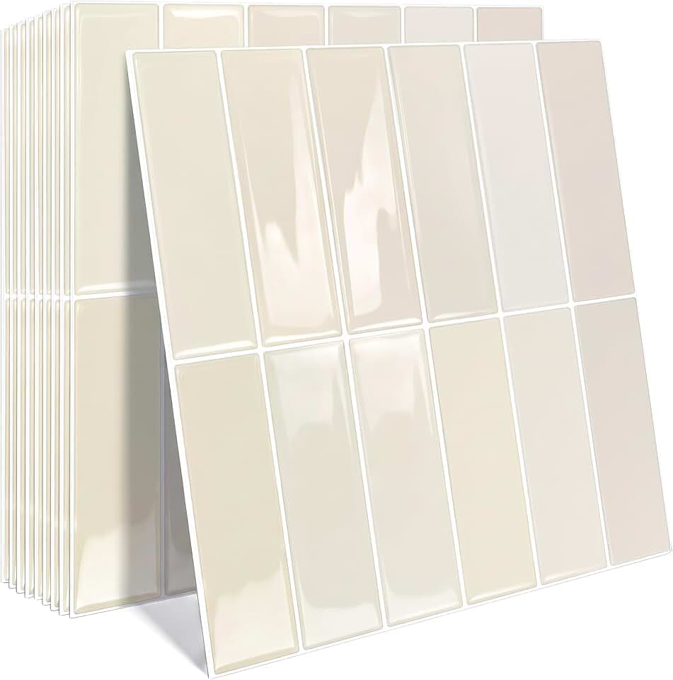 Yoillione Upgrade Dickere 3d Fliesenaufkleber Aufkleber für Bad Küche, Klebefliesen Vinyl Fliesen Selbstklebend Fliesenfolie, Weiß PVC Metro Fliesen Selbstklebend Fliesendekor (10, Beige)