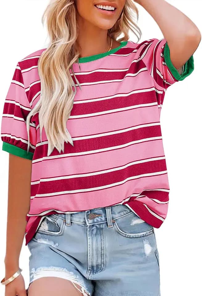 Dokotoo Womens Summer Tops 2026 Striped Color Block Short Sleeve Fashion T-Shirts Crewneck Casual Loose Basic Tee Blouses