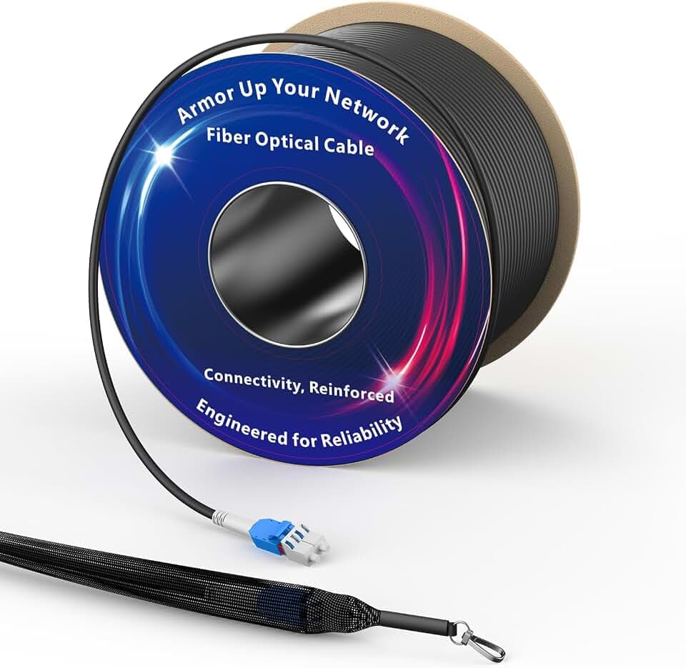 328FT/100M Outdoor Armored Fiber Optic Cable with Pulling Eye Kit, Uniboot LC to LC Duplex Single Mode OS1/OS2 9/125μm SMF Patch Cord, Stainless Steel LSZH Jacket, Crush Resistant, Direct Burial