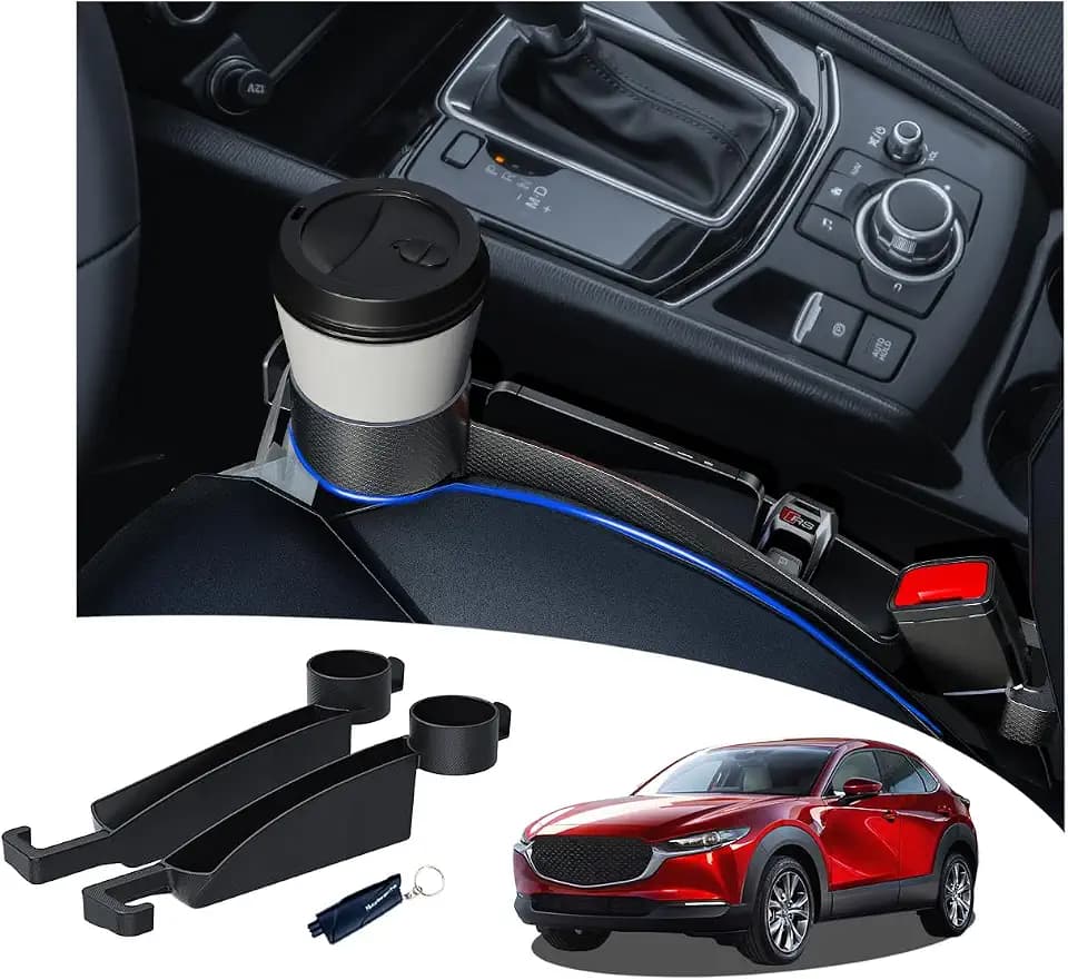 Seat Gap Filler Compatible with Mazda CX-5.Deeper Than Standard Retail Models(7.5cm)|Added Cup Holder (2 Fixed Points) + Hooks + Charging Cable Port |2pcs Black| Free Window Break Hammer 1pcs|