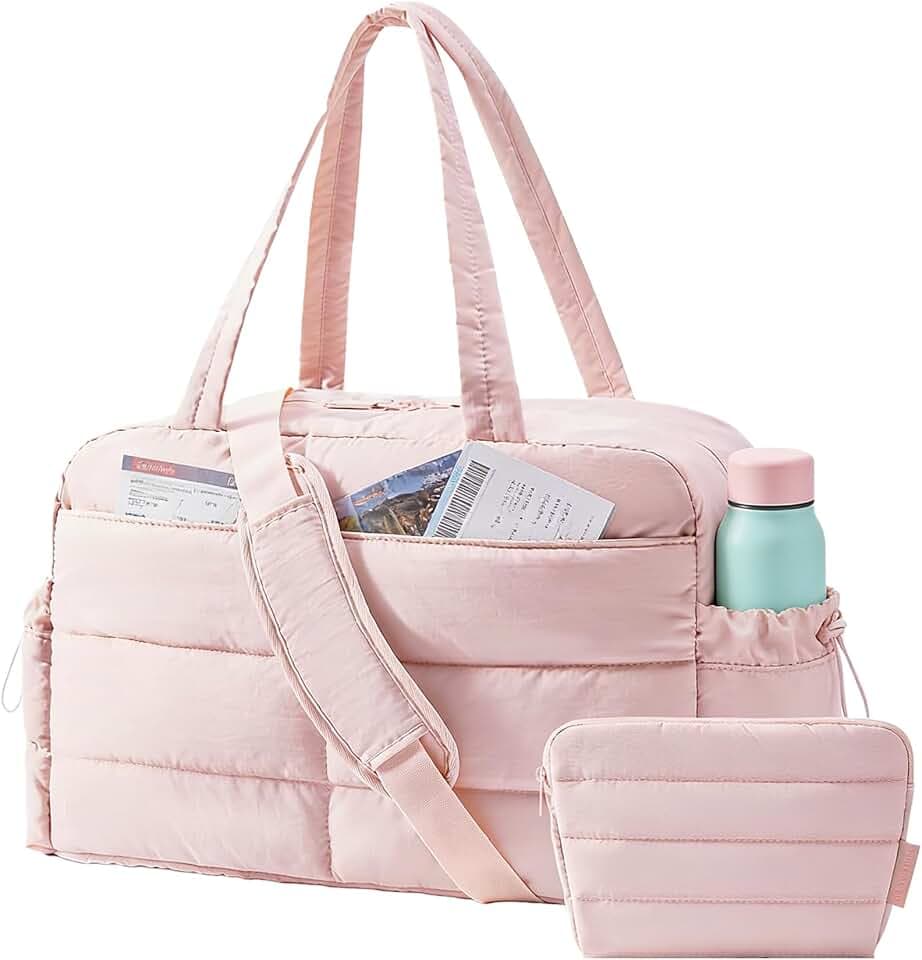 BAGSMART Gym Bag for Women, 2-PC Puffer Travel Duffle Bag Carry On Tote Bag
