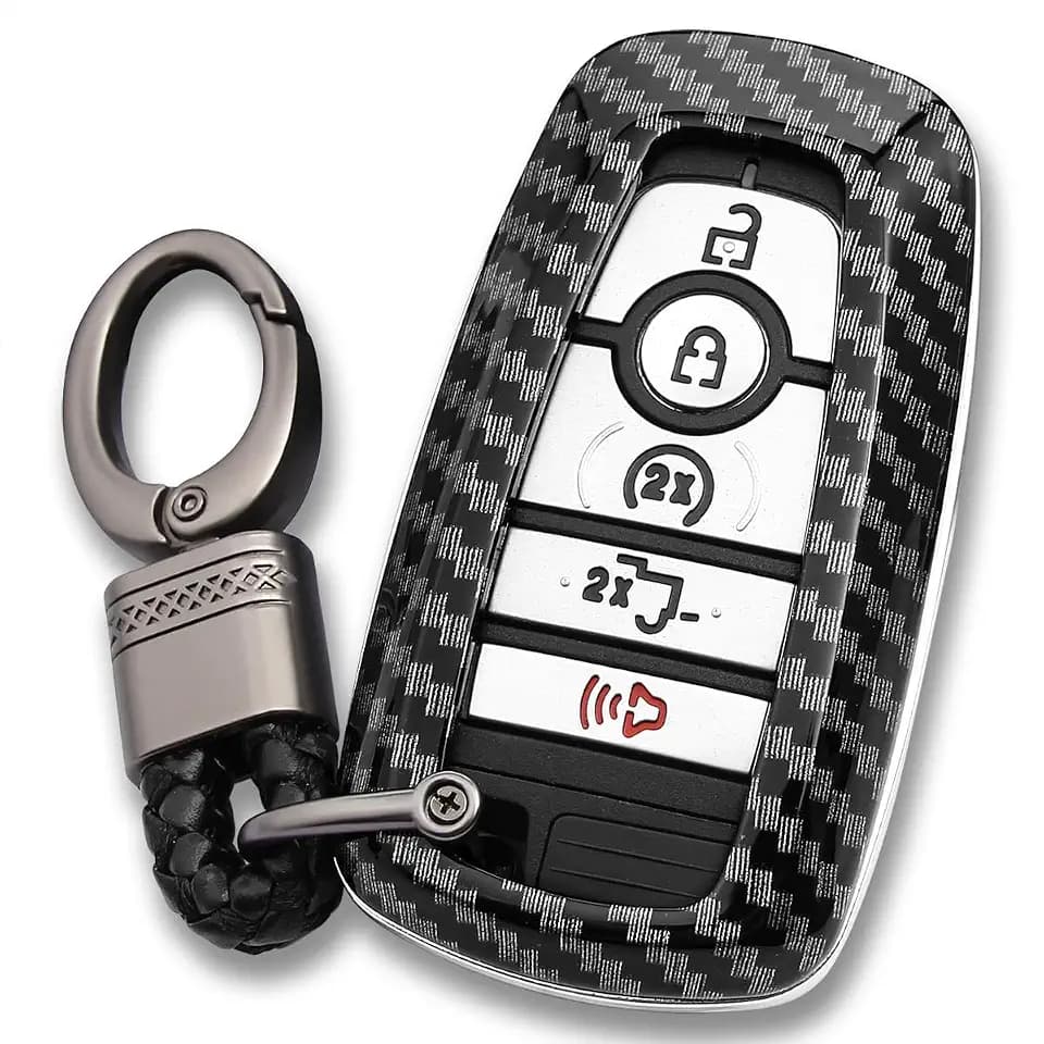 Carbon Fiber Key Chain Fob Case Cover Compatible for Ford Mustang Explorer Fusion Edge Expedition Bronco Ecosport Ranger F150 F250 F350 F450 F550 Raptor Accessories Key Shell Holder Ring