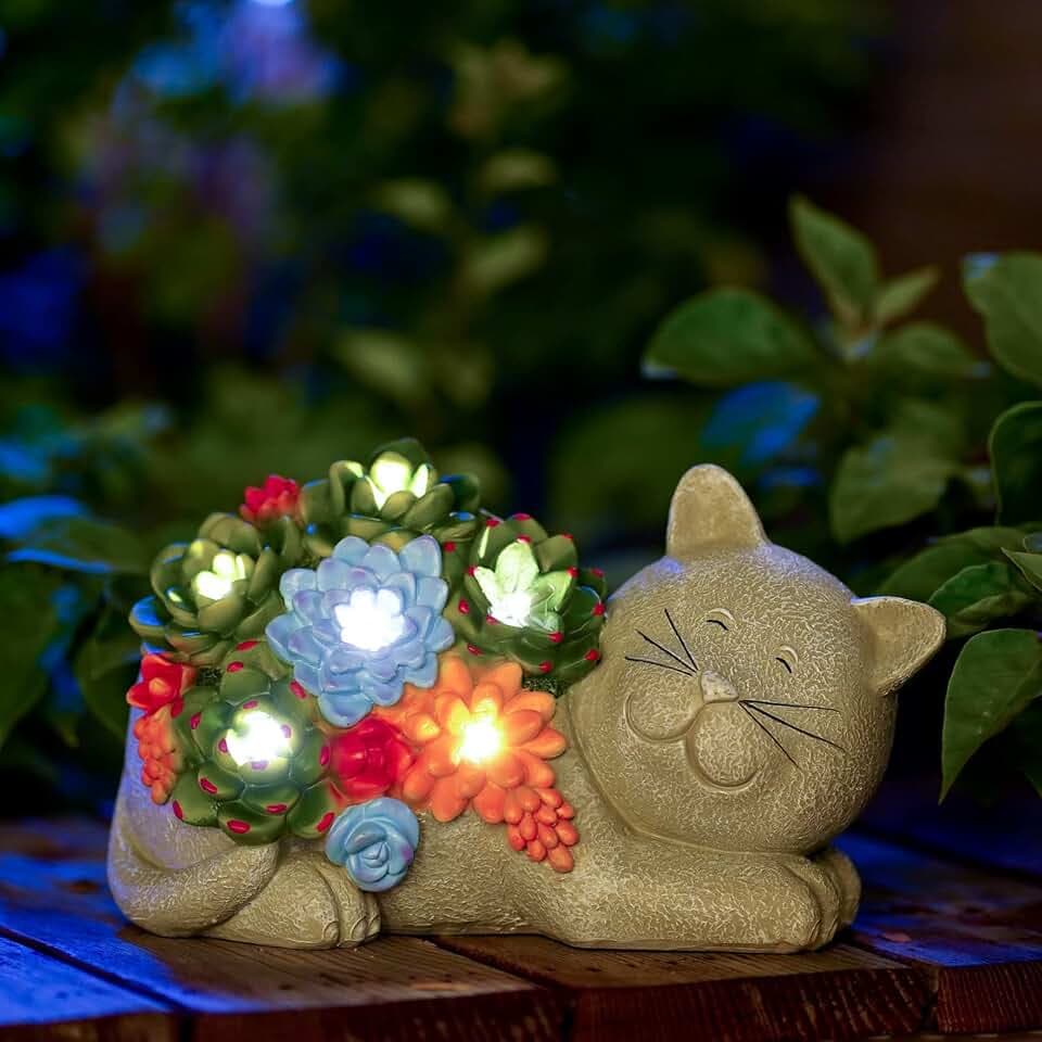 Yeomoo Solar Katzenfigur Deko mit Sukkulente Gartendeko für Draußen Grau