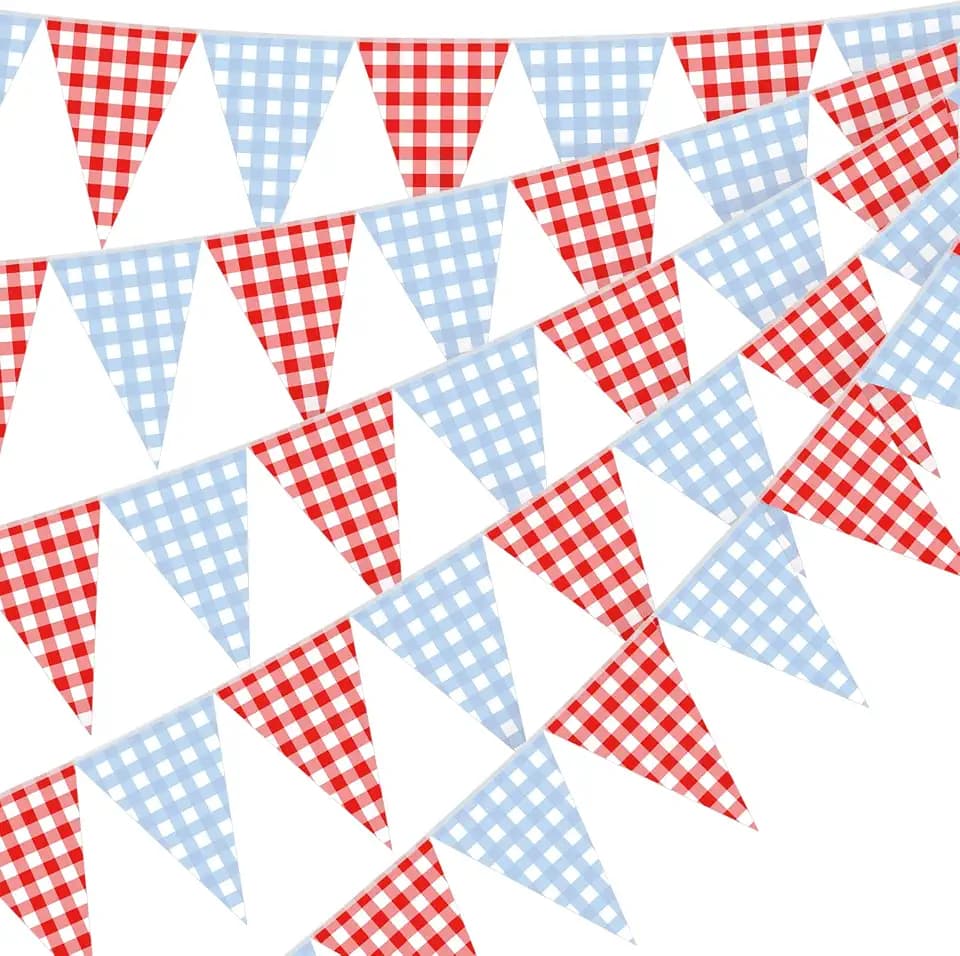 Pasimy 60 Pieces Red Blue Gingham Pennant Banner 49.21 ft County Fair Flags