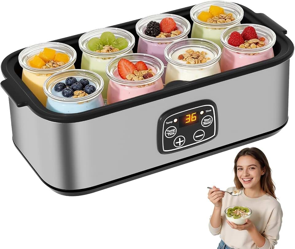 Yogurt Maker with Adjustable Time and Temp Control, 8 Jars/48 oz Black Grey