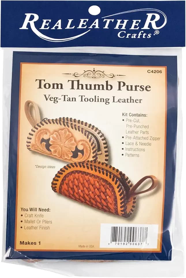 Realeather C4206-00 Leather Tom Thumb Purse, Veg-Tan Tooling Leather Finished Size 4" x 2-1/4"