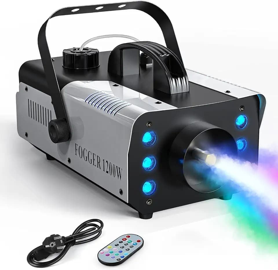 UKing 1200W Mini Nebelmaschine mit 6 RGB LED Steuerbaren Lichtern, Rauchmaschine mit Fernbedienung und 1L Tank für Halloween, Outdoor, Hochzeit, Party, Theater, Disco, Club
