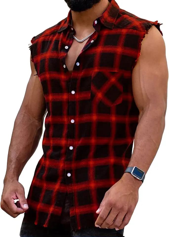 Herren Checkshirt Sleeveless Hemd Kariert Ärmellose Hemden Regular fit Flanellhemd Männer Sommer Baumwollhemd T-Shirt Tank Tops Freizeithemd