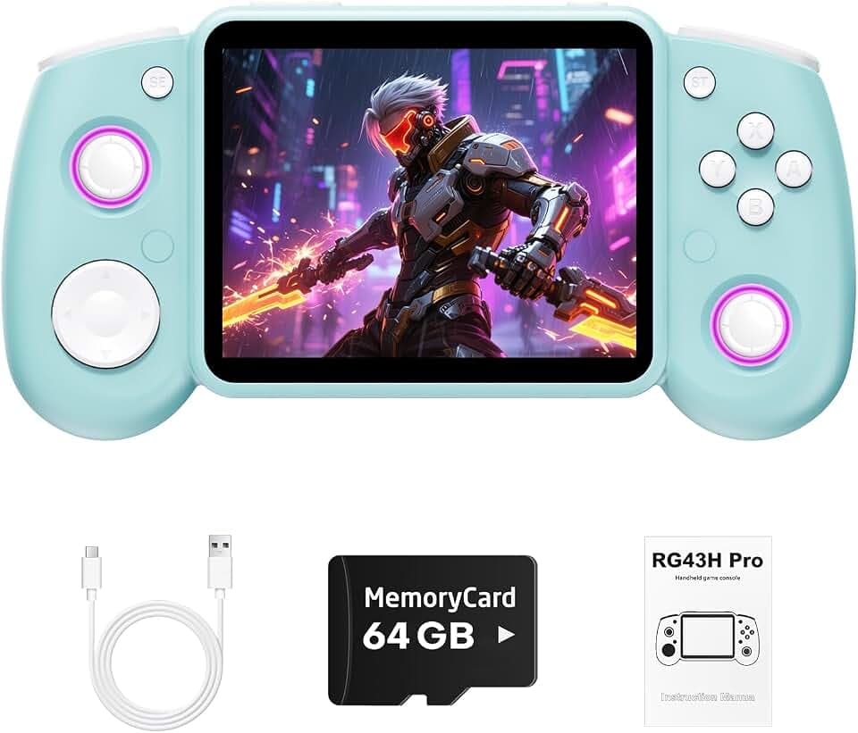 RG43H Pro Retro Handheld Game Console,Dual Game System with Powerful RK3562 Chip,4.3 Inch IPS Screen Retro Gaming Console,30+Emulators,Vibration Motor,HDMI TV Output,4000mAh Battery-64GB Light Blue