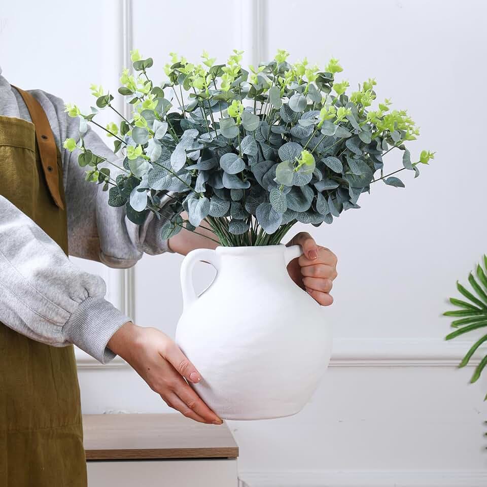 Ceramic Flower Vase Home Decor - Farmhouse Table Vases with Handle Living Room Decoration Vintage Decorative Aesthetic for Shelf Coffee Dining Desk House Bookshelf Fireplace L-White