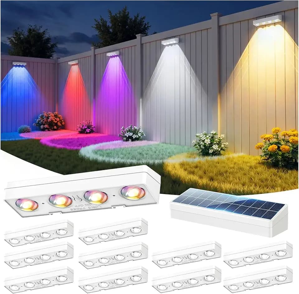 JOFIOS Fence Lights Solar Powered, 9 Fixed Colors ＆ Color Changing White Fence Lights Waterproof IP65 Dusk-to-Dawn LED Deck Lighting for Patio, Railing, Pool, Porch, Backyard, Wall, 12 Pack
