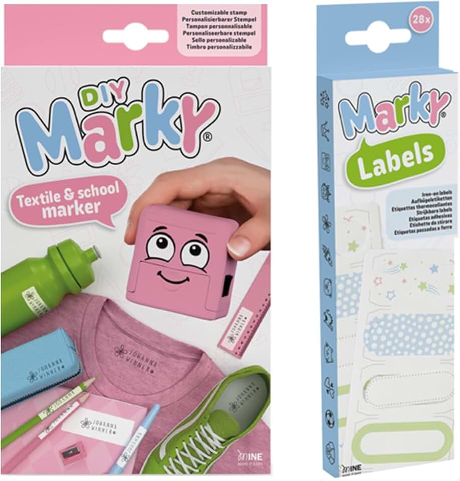 MARKY Stempel Set in Rosa, mit schwarzer Tinte zum Beschriften verschiedener Gegenstände und Kleidung, inkl. Aufbügeletiketten Set, 28 Stück iron-on Labels, je 7 Motive
