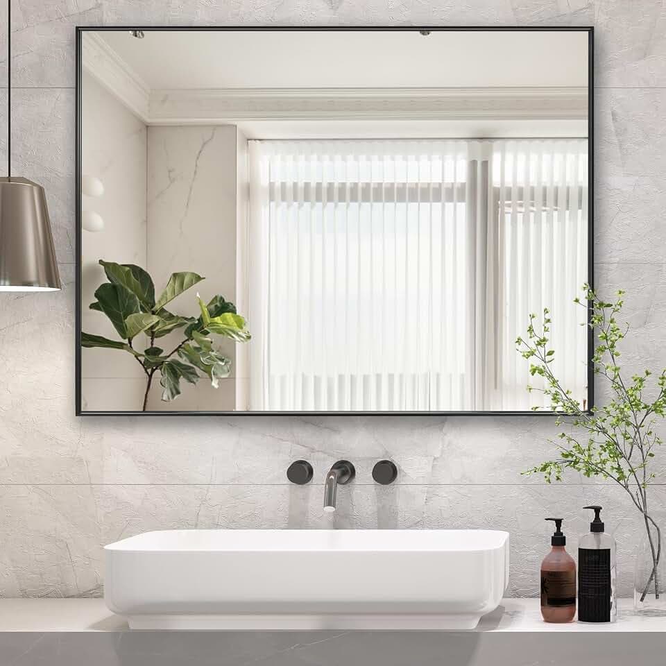 LEDLUX 26x40 Inch Black Bathroom Mirror, Copper-Free Mirror, Aluminum Alloy Frame Vanity Mirror, Rectangle Wall Mounted Mirror, Modern Mirror for Bedroom/Living Room/Porch Horizontal or Vertical