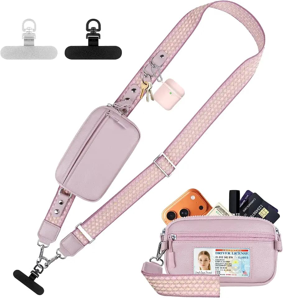 YFWE Clip and Go Phone Strap with Crossbody Wallet, Adjustable Phone Lanyard with Detachable RFID Wristlet Wallet, Anti-Theft Leather Purse with ID Window for Travel Essentials (Purple)